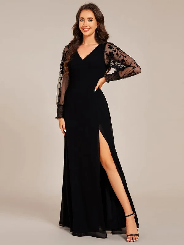 vintage dressDiane | See-Through Long Sleeve V-Neck High Slit Chiffon Formal Evening Dress