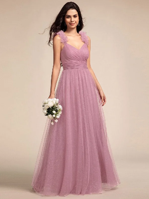 printed dressEmbellished Shoulders Pleated Tulle Glitter Bridesmaid Dress