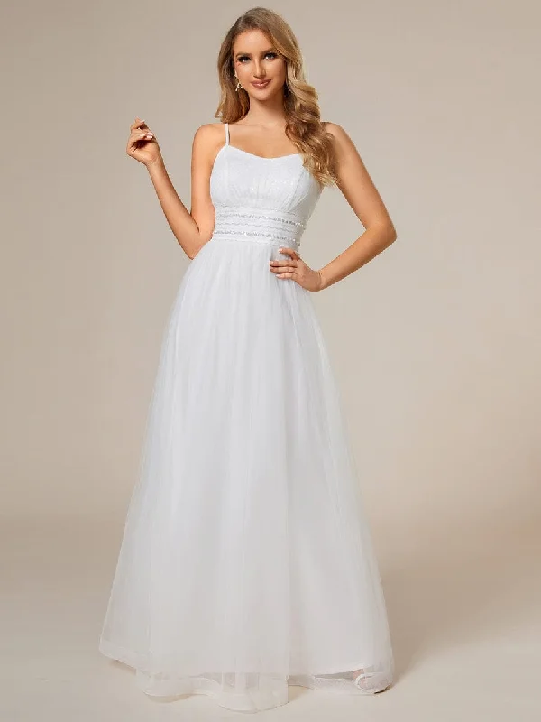 long-sleeve floral dressClassic Adjustable Spaghetti Strap Tulle Wedding Dress with Waist Paillette Chain