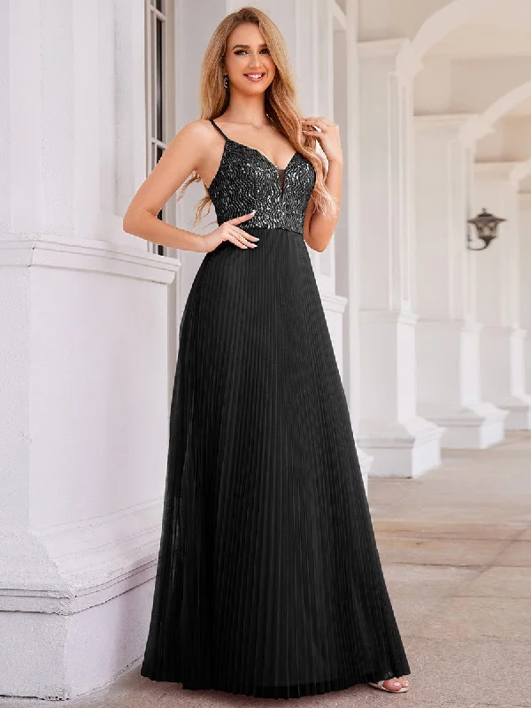 stylish dressHigh-Waist V-Neck Sequined Bodice Sleeveless Backless Formal Evening Dress