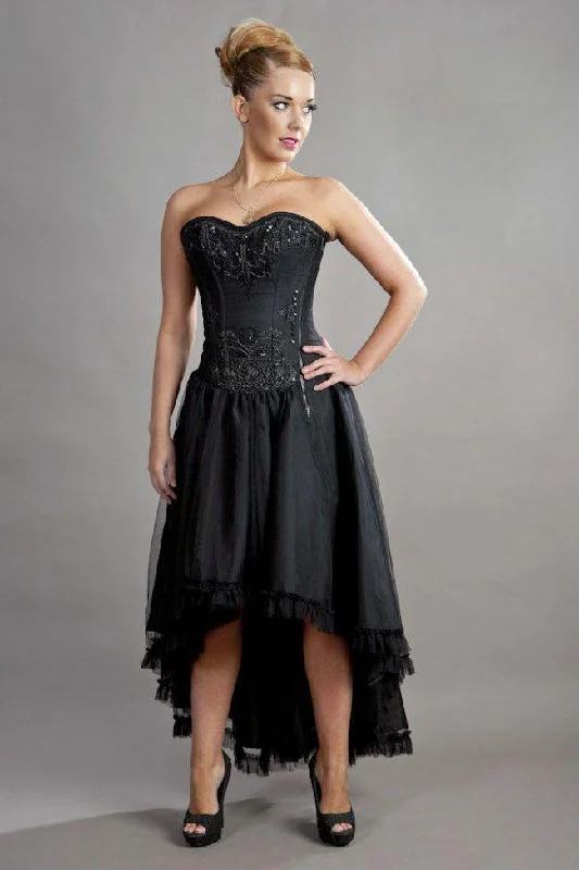 oversized dressGeneva Hi-low Prom Corset Dress In Black Taffeta And Black Mesh Overlay