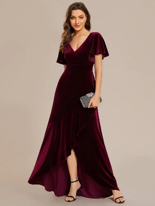 vintage dressDouble V-Neck Short Sleeves Stretchy Velvet Evening Dress with Lotus Leaf Hem