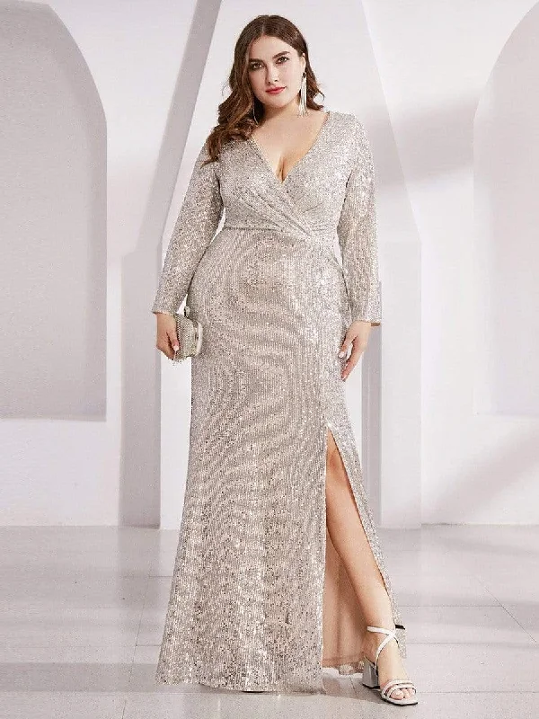 lace dressLois | Plus Size Sexy Deep V-Neck Sequin Bodice Formal Evening Gowns