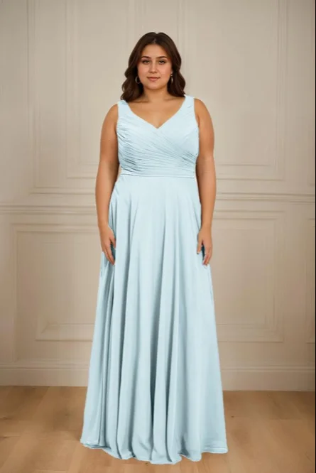 casual dressRuched V Neck Plus Size Floor Length Bridesmaid Dresses