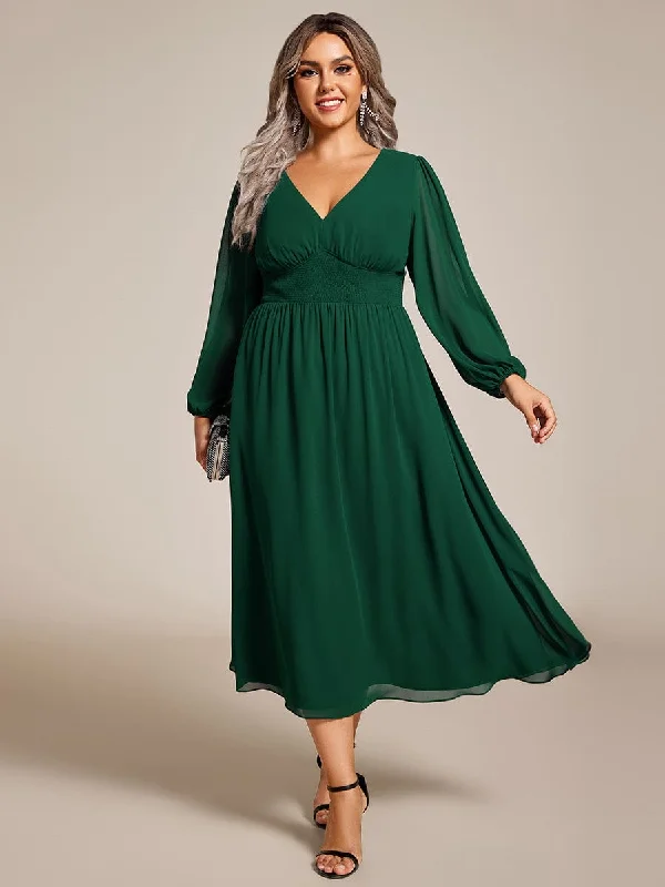 chic dressPlus Size Flowy Long Sleeves V-Neck Midi Chiffon Wedding Guest Dress