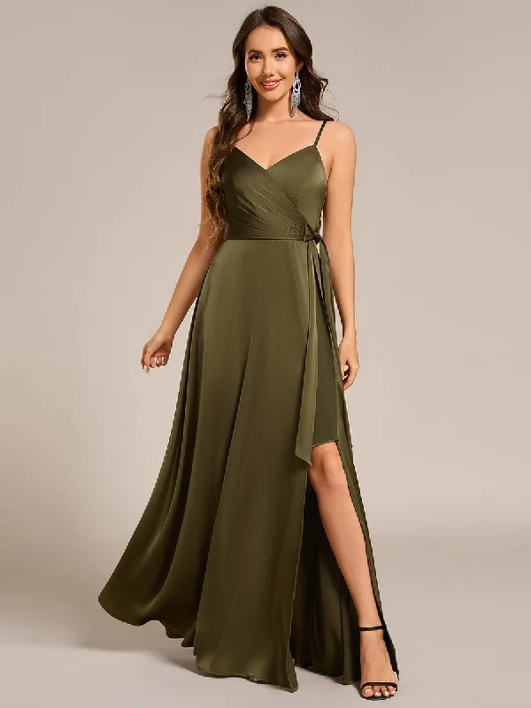 draped dressWrap-Style Spaghetti Strap Maxi Satin Bridesmaid Dress