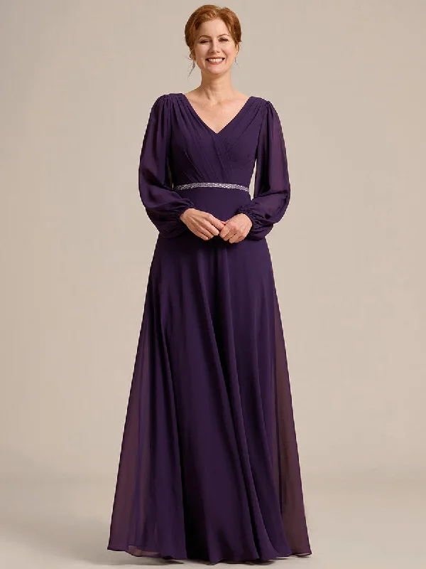 textured dressClara | V-Neck Long Sleeves Shiny Belt Chiffon Mother of the Bride Dress