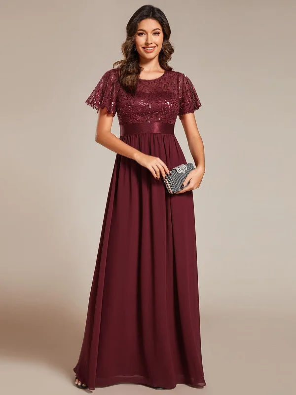 casual dressRound-Neck Sequin High Waist Short-Sleeved Formal Evening Dress