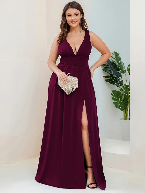 long-sleeve floral dressPlus Size Sleeveless V-Neck Empire Waist High Slit Floor-Length Evening Dress