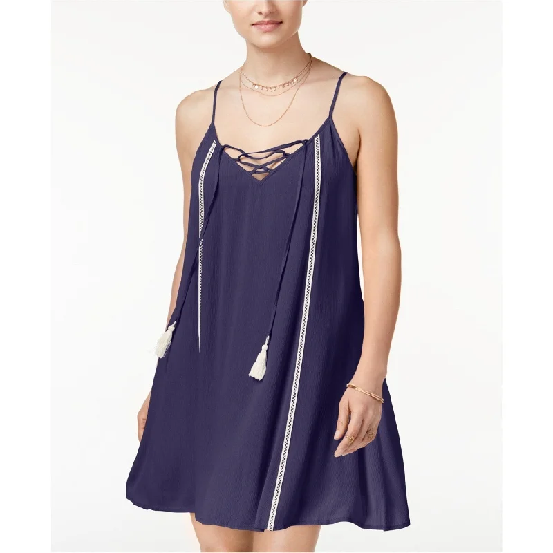 boho-chic dressTrixxi Womens Lace-Up Tassel Mini Dress, Blue, X-Small