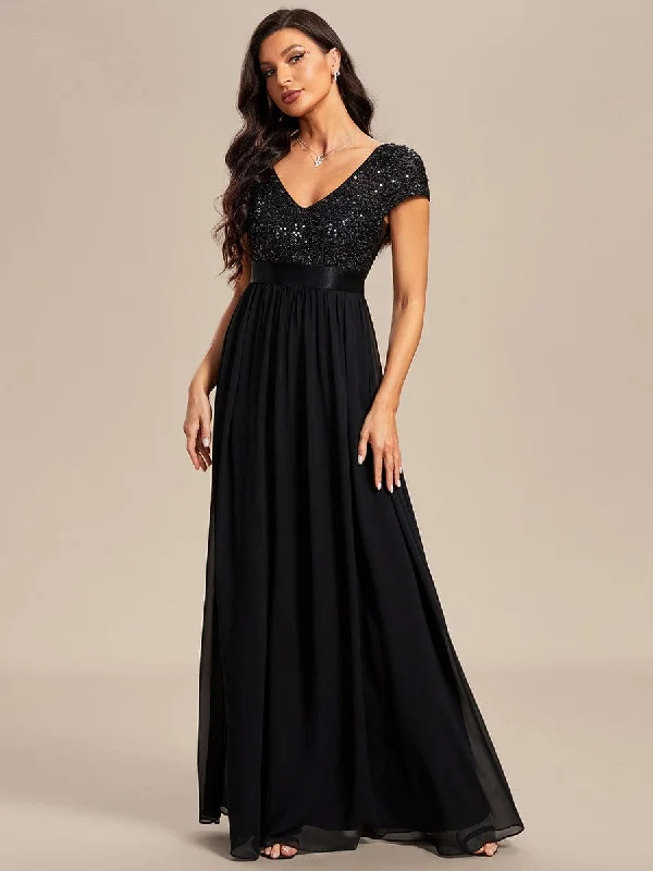 draped dressGreta | Empire Waist V-Neck Cap Sleeve Chiffon Formal Evening Dress