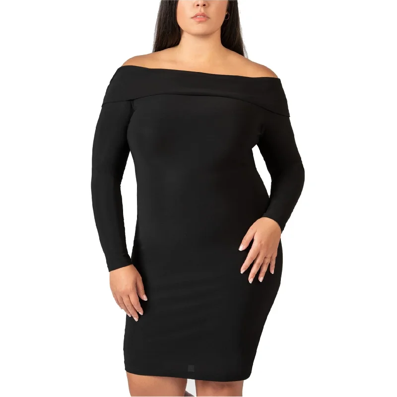 elegant shift dressBee Darlin Womens Solid Off-Shoulder Sheath Dress