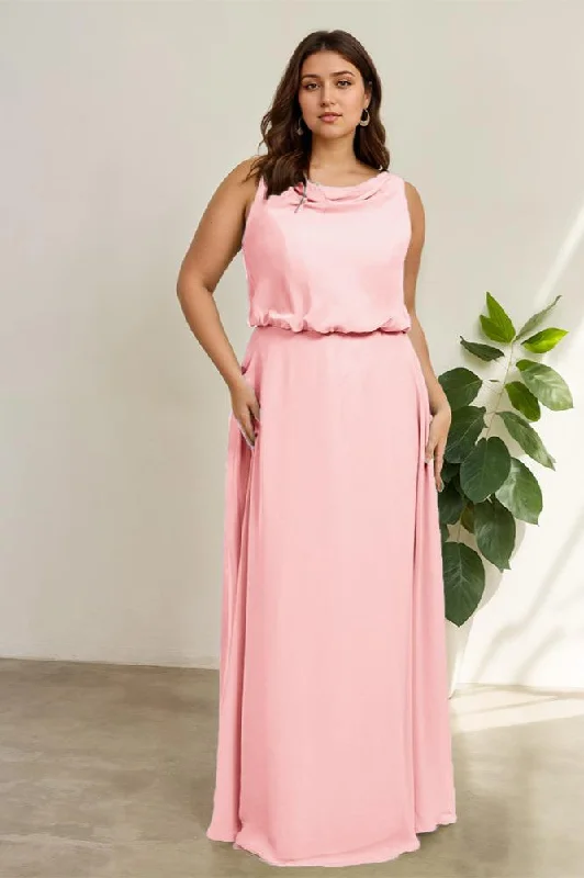 fitted cocktail dressSleeveless Cowl Neck Chiffon Plus Size Floor Length Bridesmaid Dresses