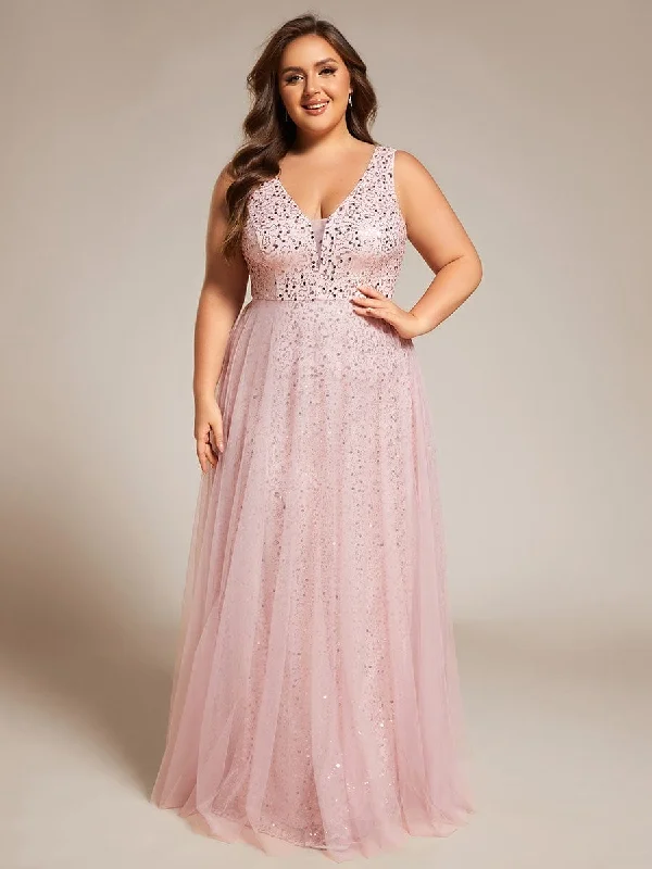 lace-up dressStella | Plus Size Sequin V-Neck Sleeveless Empire Waist Tulle Formal Evening Dress