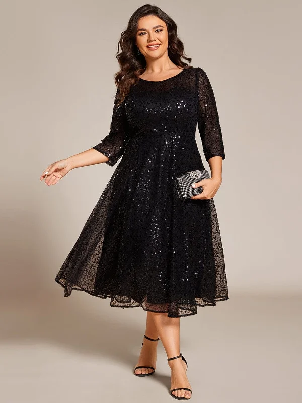 mini dressPlus Size 3/4 Sleeve Midi Round Neck A-Line Sequin Wedding Guest Dress