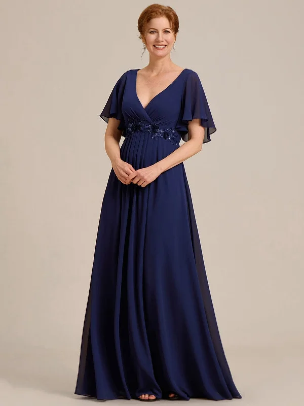 casual midi dressGentle Iris | Ruffles Sleeve A-Line Chiffon Waist Applique Maxi Mother of the Bride Dress