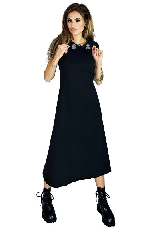 statement dressPentagrams on Collar Long Nu Goth Black Maxi Dress - Giuliana