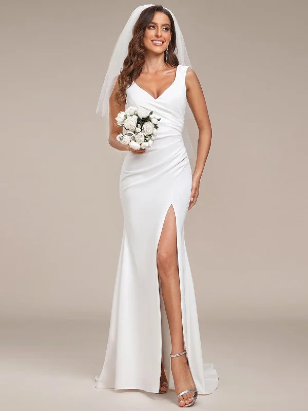 ruffle dressTaya | Ruched Bodycon Deep V-Neck Sleeveless Simple Wedding Dress