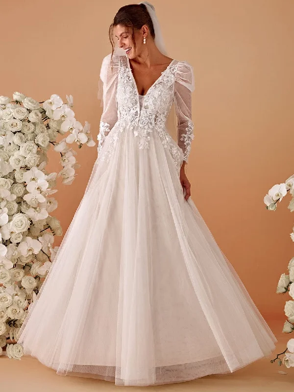 boho dressV Neck Leg of Mutton Sleeves Applique See-Through Wedding Dress