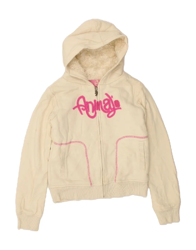 ANIMAL Girls Graphic Zip Hoodie Sweater 10-11 Years Medium Beige