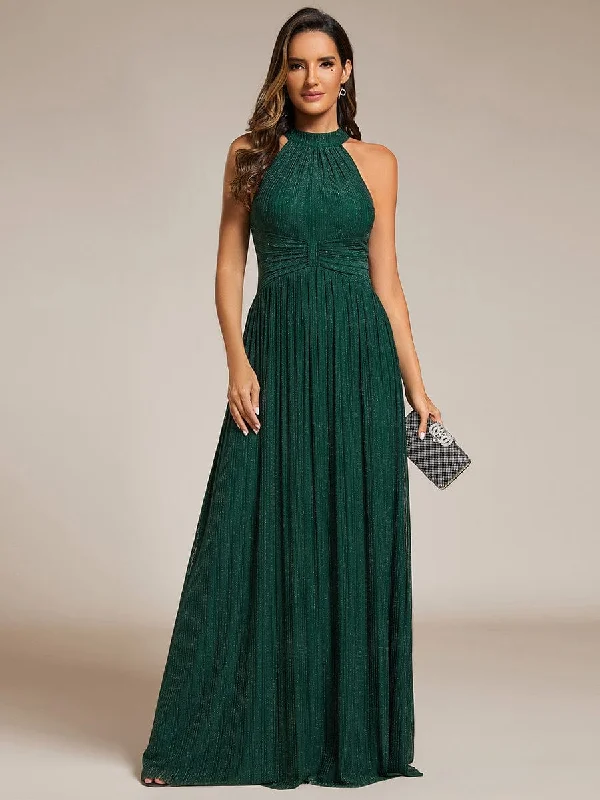 trendy mini dressCathy | Halter Neck Pleated Glittery Formal Evening Dress with Empire Waist