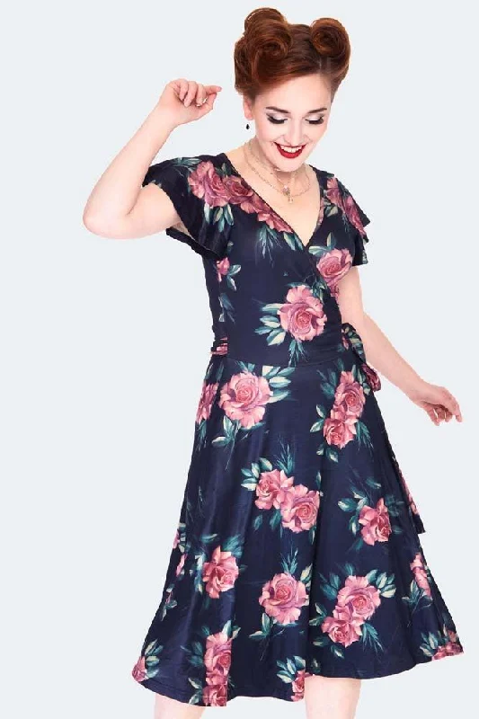 chic wrap dressDark Floral Flutter Sleeve Wrap Dress