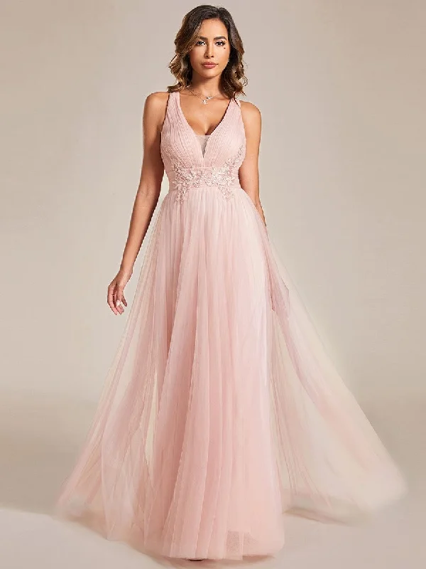 trendy mini dressSleeveless Waist Applique Cross-Back Straps Tulle Bridesmaid Dress