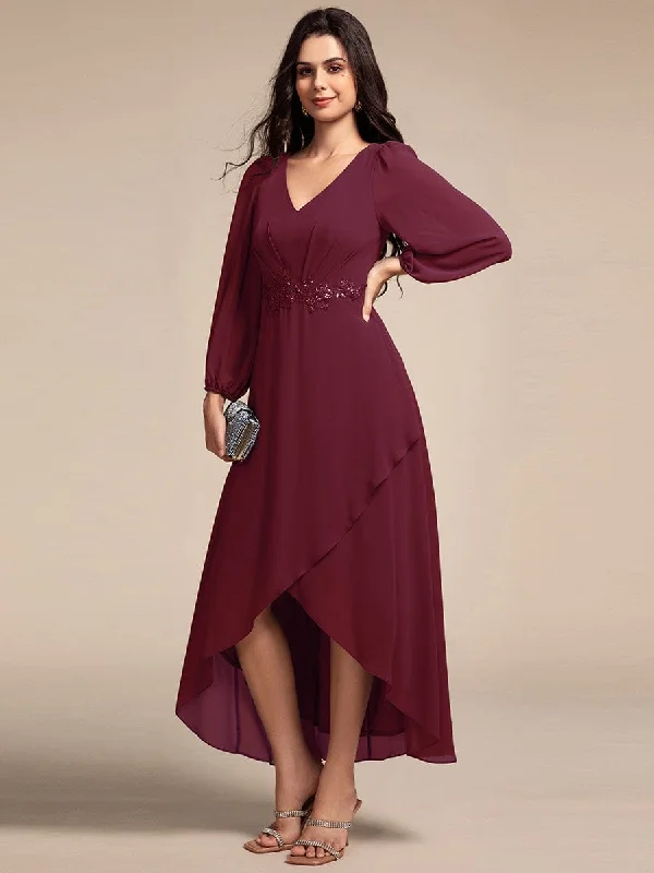 casual evening dressNora | Long Lantern Sleeves Waist Applique Chiffon Formal Evening Dress