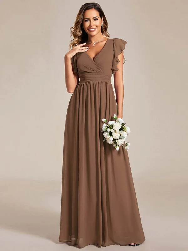 satin dressCustom Size Back Cutout A-Line Pleated Ruffles Sleeve Chiffon Bridesmaid Dress