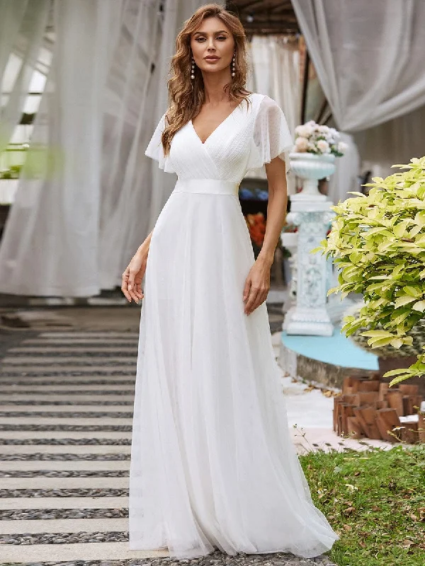 vintage-inspired dressCustom Size Double V-Neck Floor-Length Short Sleeve Tulle Wedding Dress