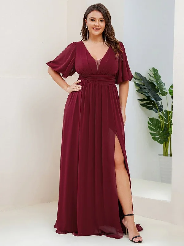 mini dressPlus Size V-Neck Front Slit Chiffon Evening Dress