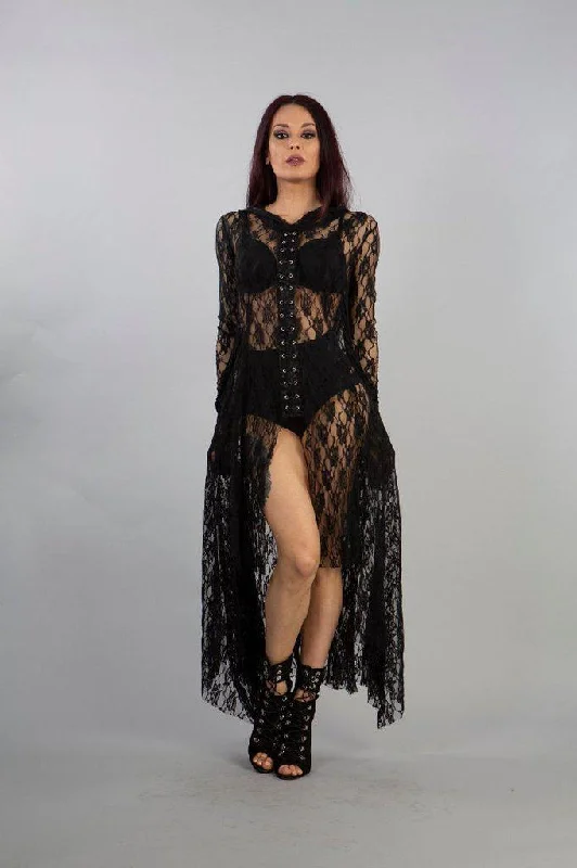 satin dressDracula Long Hooded Dress In Black Lace