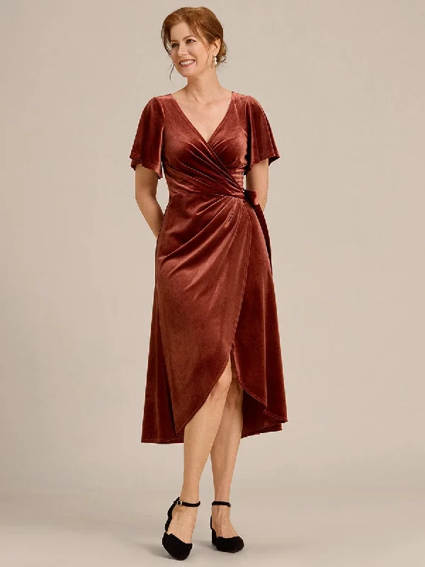 sleeveless dressTala | One-Piece Type Short Sleeves V-Neck Velvet Midi Mother of the Bride Dress