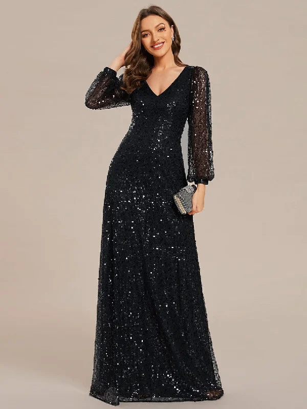 statement dressShimmering All Over V-Neck Long Lantern Sleeve Sequin A-Line Evening Dress