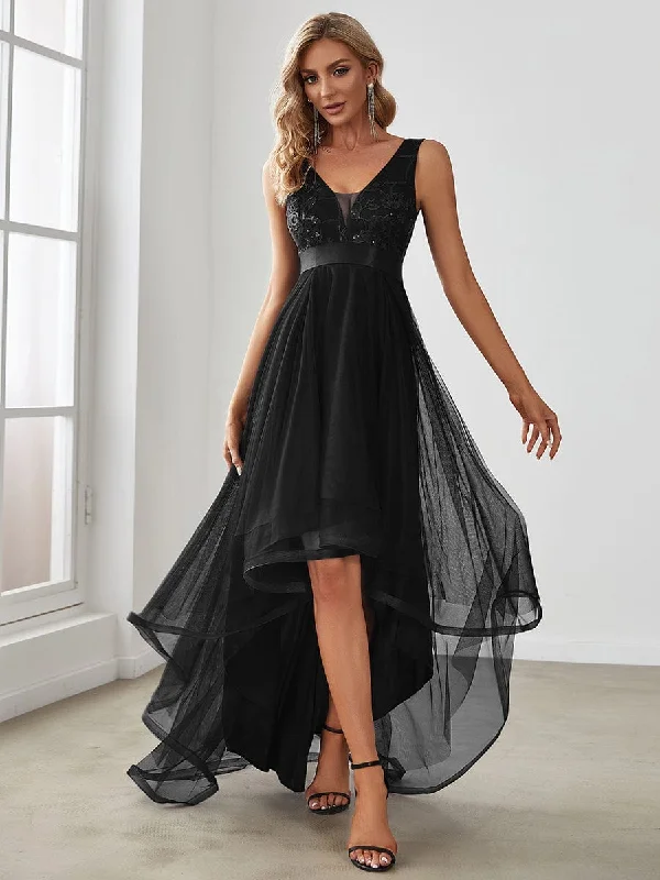 cocktail party dressFashion High-Low Deep V Neck Tulle Evening Dresses with Sequin Appliques