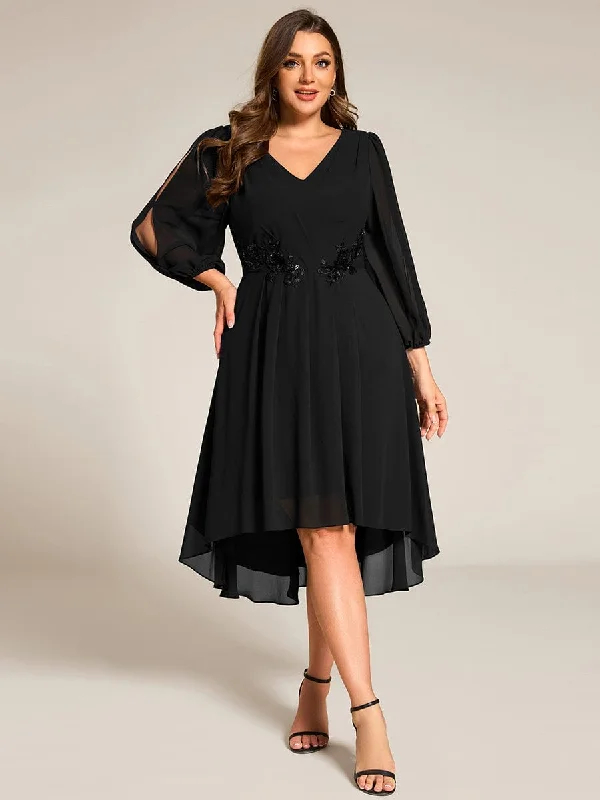 ashionable dressWarm Elise | Plus Size Flowy Long Sleeves V-Neck Waist Applique Midi Chiffon Wedding Guest Dress