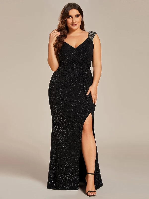 mini dressPlus Size Glitter V-Neck High Slit Sequin Shoulder Strap Evening Dress