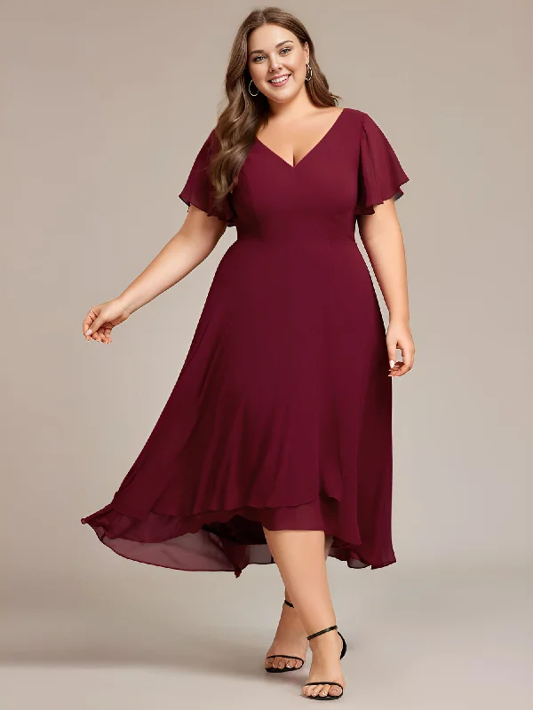 party dressRina | Plus Size Flowing Chiffon V-Neck Ruffle Sleeves Bridesmaid Dress