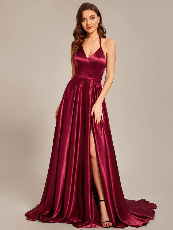 modern dressCustom Size Halter Neck High Front Slit Floor Length Prom Dress