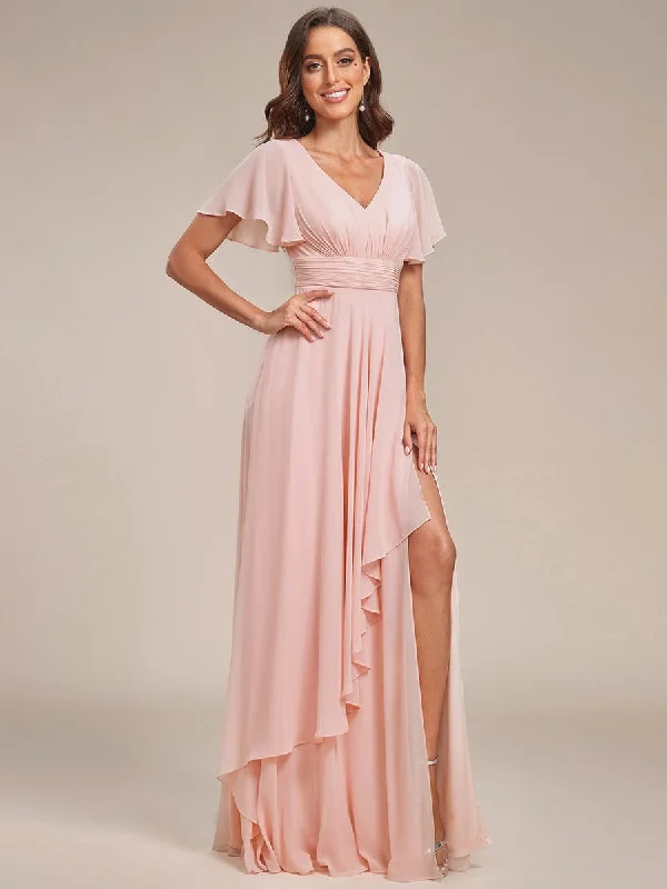 vintage-inspired dressRuffles Sleeve High Slit with Louts Leaf Chiffon Evening Dress