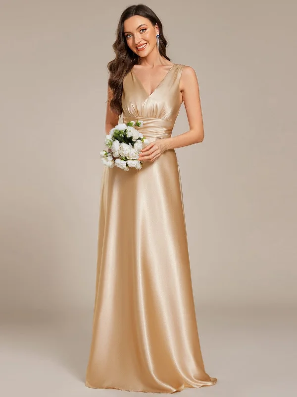 long-sleeve floral dressV-neck Empire Waist Satin Maxi Bridesmaid Dress with Pockets