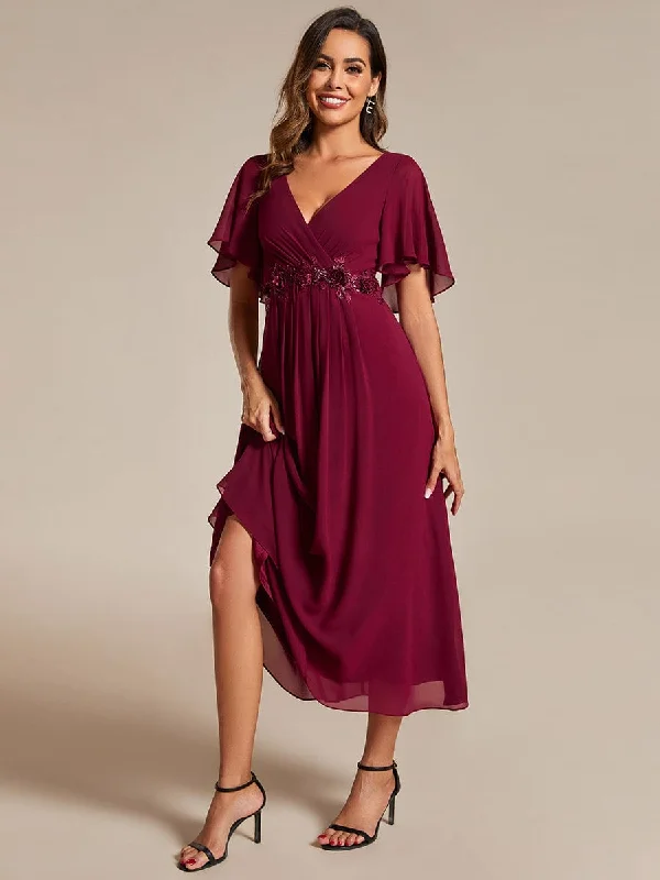 classic fit-and-flare dressShort Sleeves V-Neck Tea Length Wedding Guest Dress with Floral Applique