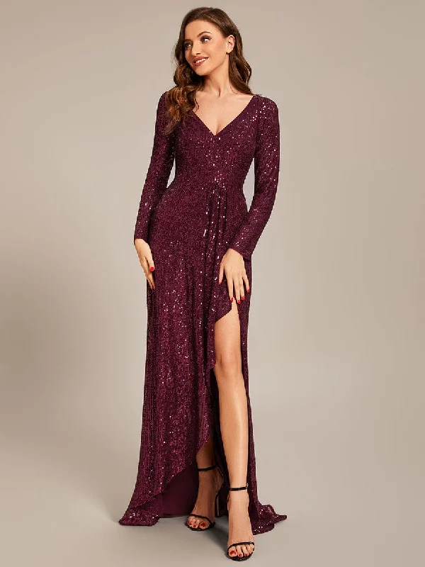 trendy bodycon dressSequin Long Sleeve V-neck Asymmetrical Hem Evening Dress