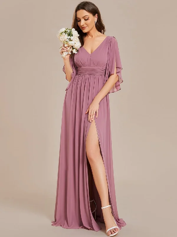 off-shoulder dressHalf Sleeve V-Neck Pleated High Slit A-Line Chiffon Bridesmaid Dress