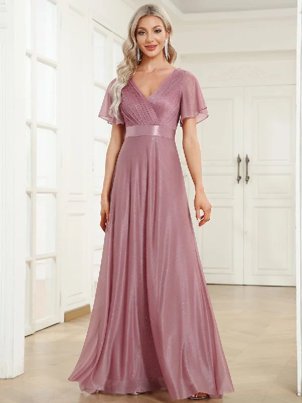 sleek dressSparkling Short Sleeve V-Neck Ribbon Waist A-Line Bridesmaid Dress