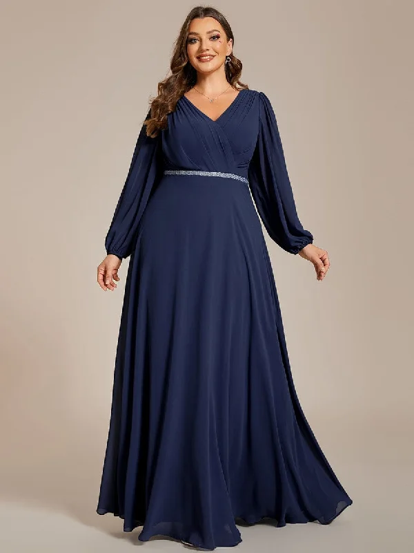 romantic dressClara | Plus Size A-Line V-Neck See-Through Long Sleeves Shiny Belt Chiffon Evening Dress