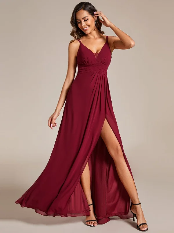 elegant maxi dressDeep V-Neck High Front Slit Spaghetti Strap Back X-Cross Bridesmaid Dress