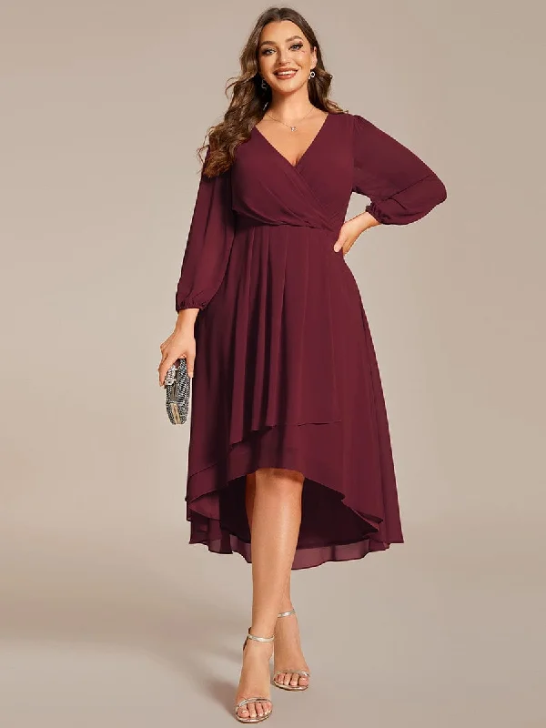 casual shift dressLaura | Plus Size Chiffon A-Line Long Sleeves Asymmetrical Hem Wedding Guest Dress