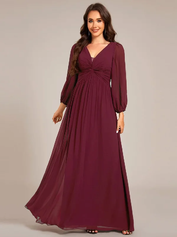 pleated maxi dressRuth | Graceful Chiffon A-Line Pleated Long Sleeves Formal Evening Dress