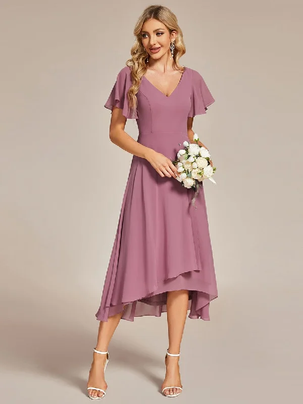 fitted dressRina | Flowing Chiffon V-Neck Ruffle Sleeves Bridesmaid Dress